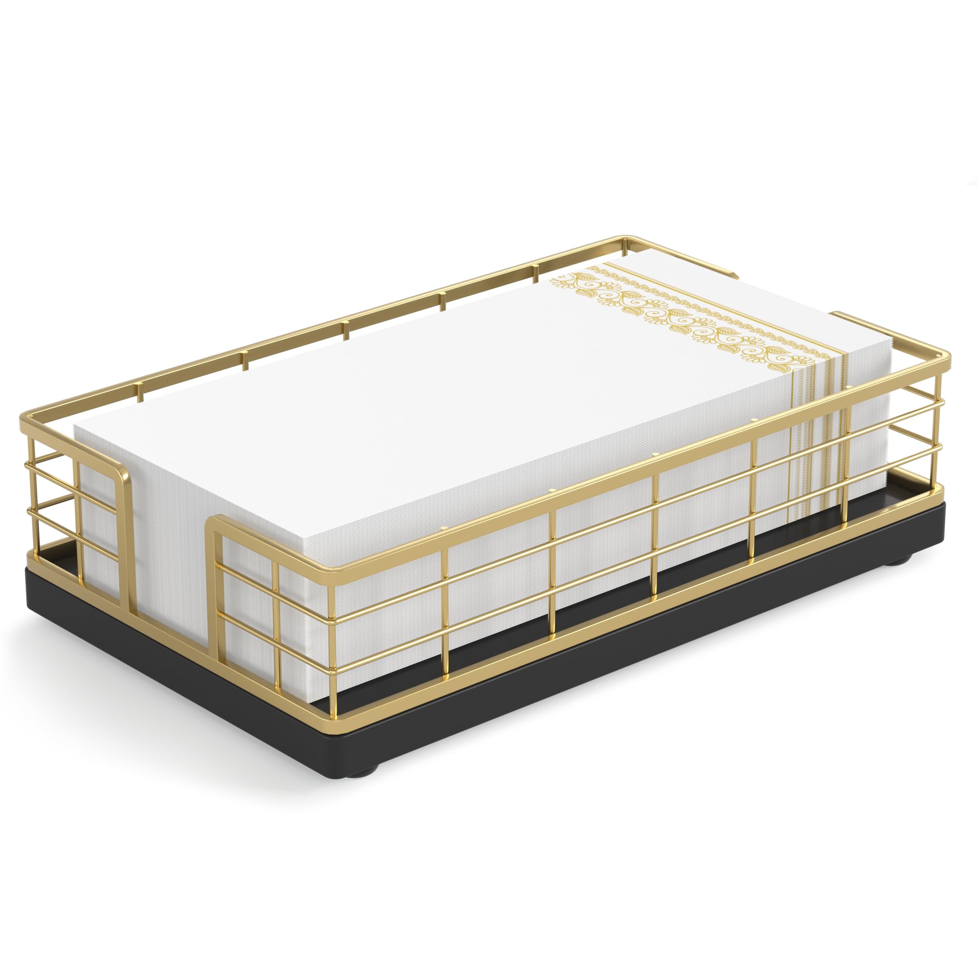 Wican guest towel holder tray with oak and iron finish for bathroom organization.