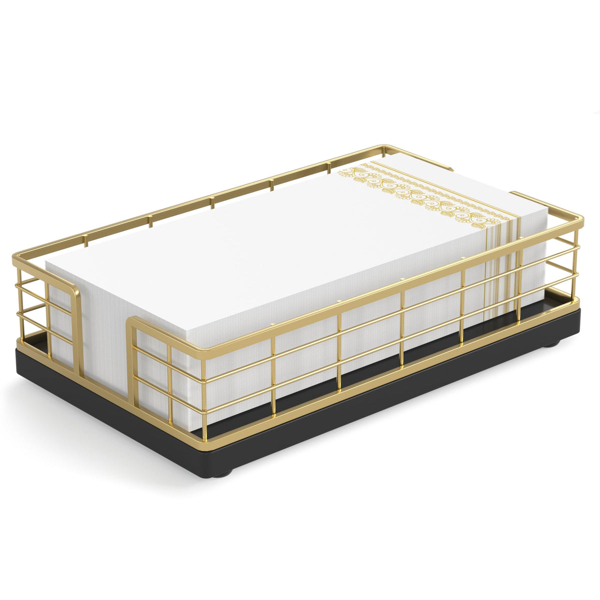 Wican guest towel holder tray with oak and iron finish for bathroom organization.