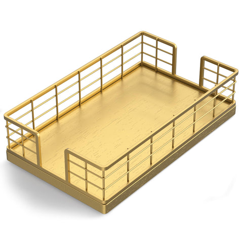 Wican guest towel holder tray in oak and iron with gold finish, ideal for bathroom organization