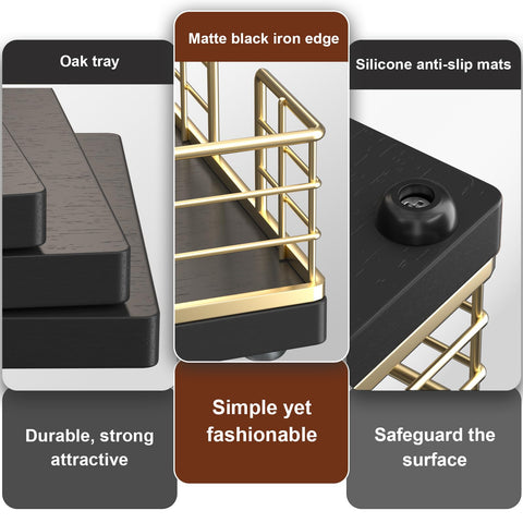 Wican tray with silicone non-slip pads protects surfaces.