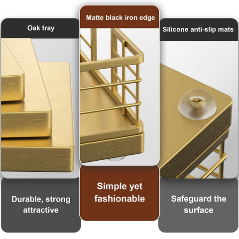 Wican towel tray for back-of-toilet area, sturdy iron base and oak top