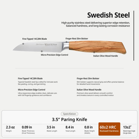 WICKWILLOW paring knife with Italian olive wood handle for comfortable grip