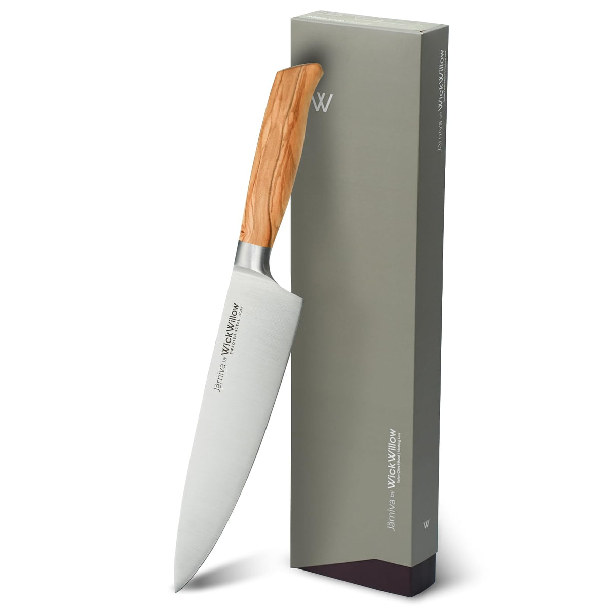 WICKWILLOW 8-inch chef knife blade close-up showing razor-sharp edge for precise slicing.