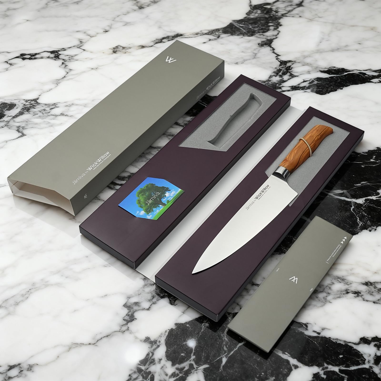 WICKWILLOW 8-inch chef knife in use for slicing onions and portioning meat.