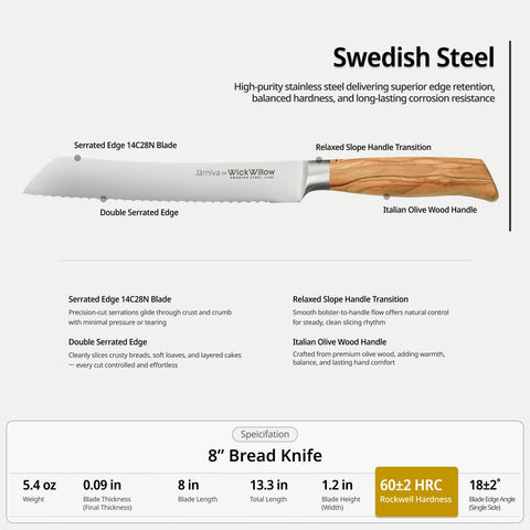 WICKWILLOW double-serrated edge for precise, tear-free cuts.