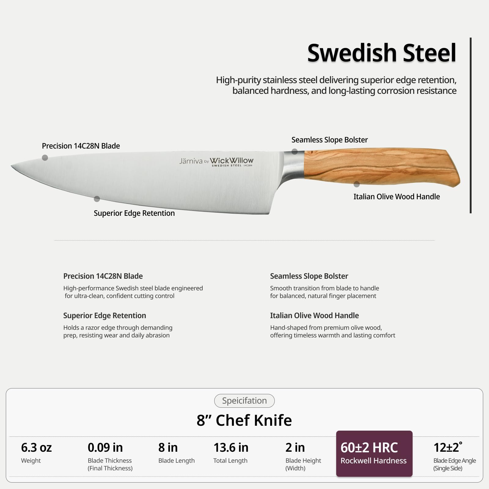 WICKWILLOW Italian olive wood handle highlights natural grip and warm, balanced comfort.