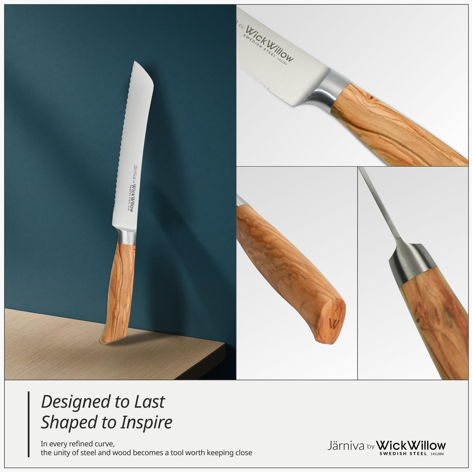 WICKWILLOW Italian olive wood handle offers natural grip and balance.