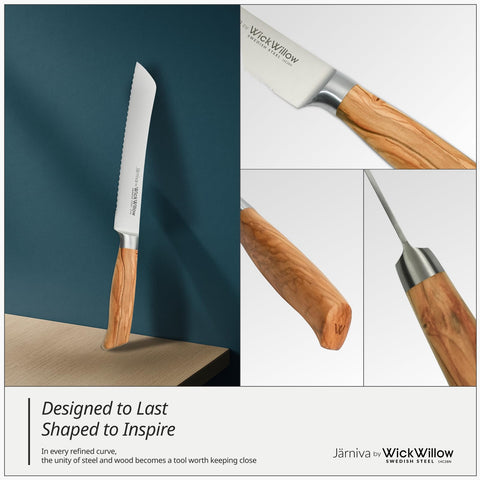 WICKWILLOW Italian olive wood handle offers natural grip and balance.