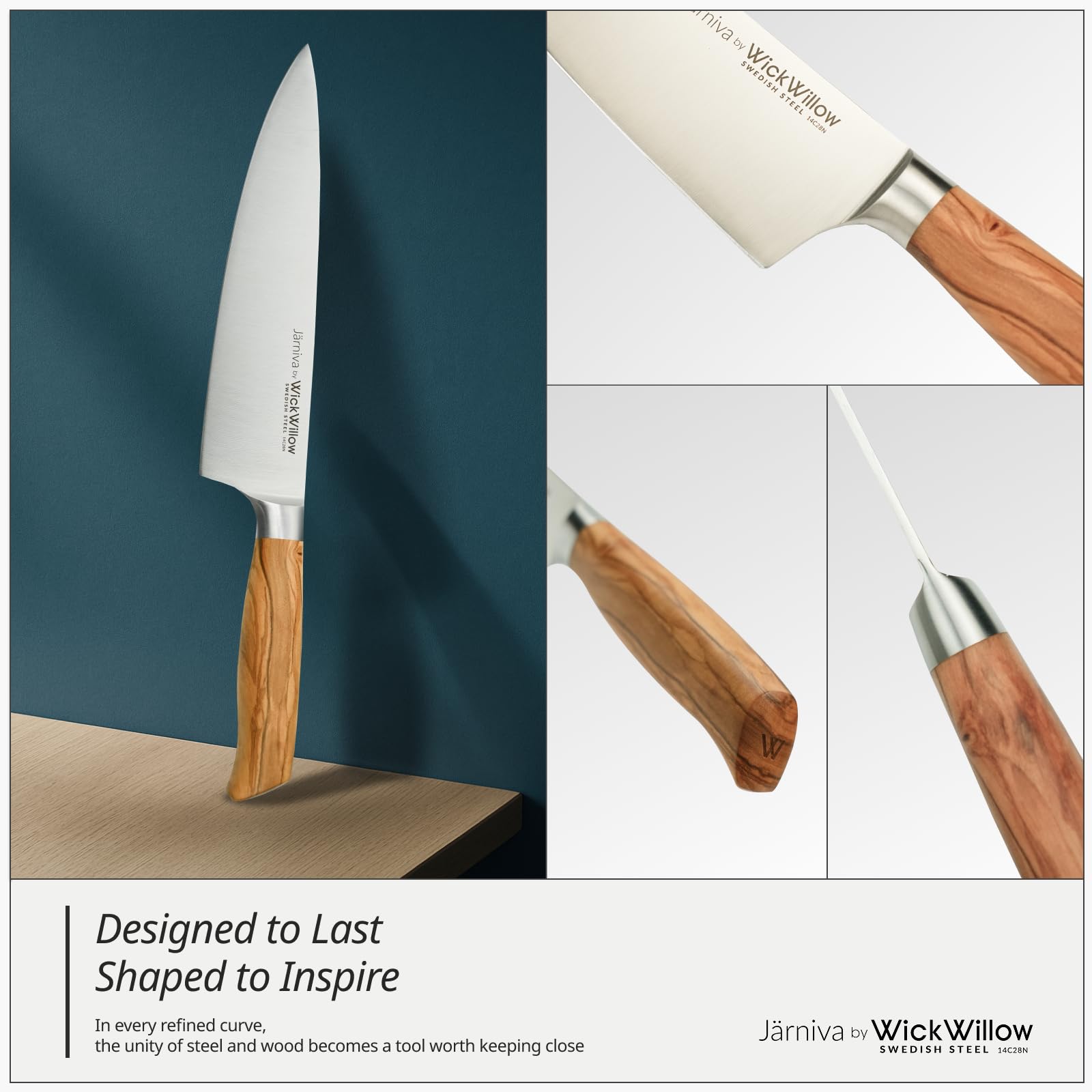 WICKWILLOW knife edge close-up emphasizes precision and smooth cuts through proteins and vegetables.