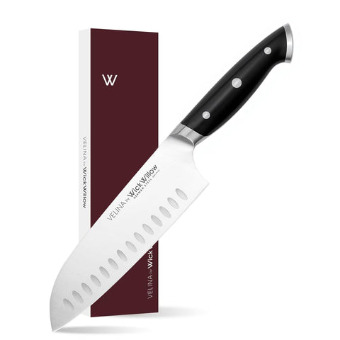 WICKWILLOW Velina 7-Inch Santoku blade close-up, showing razor edge for precise slicing.