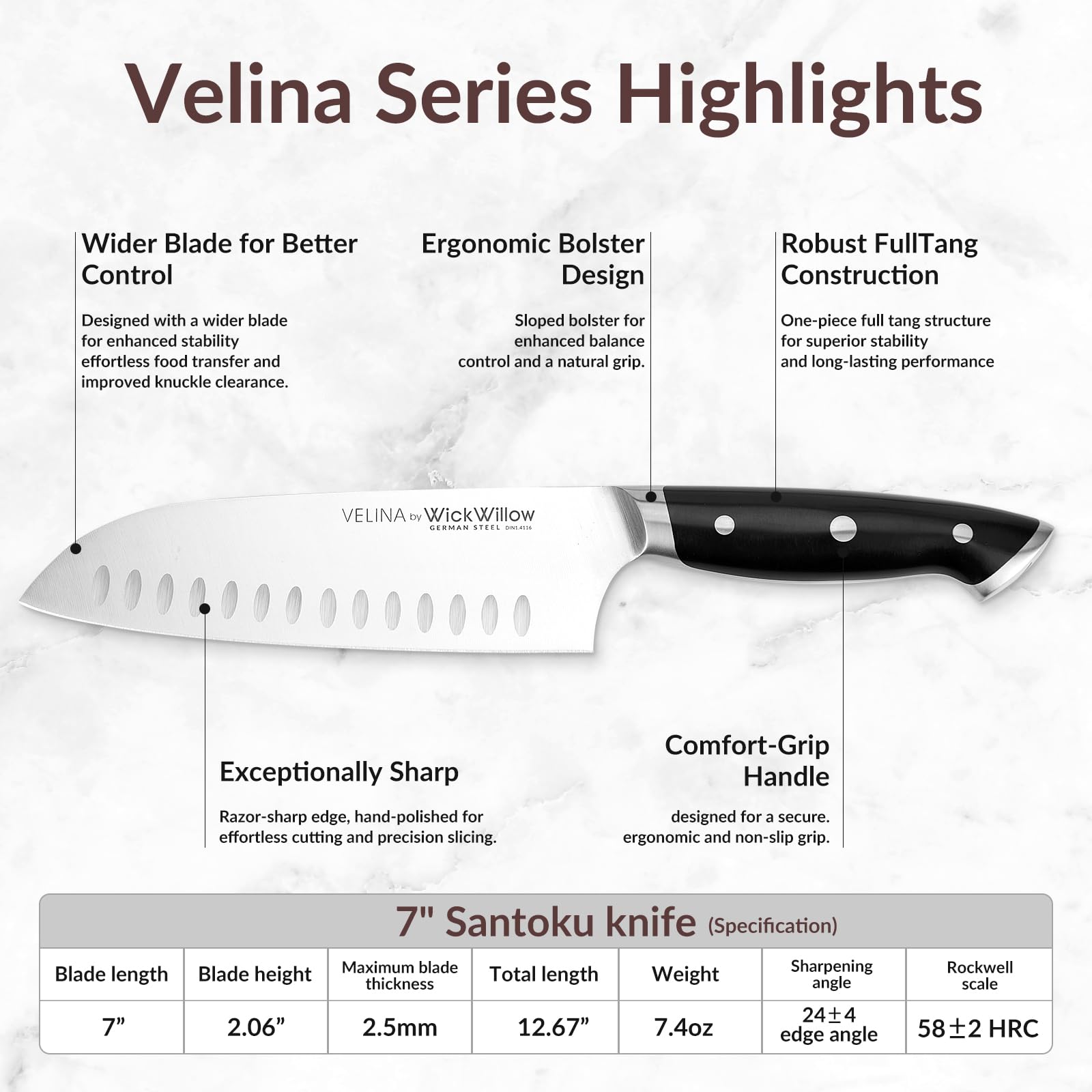 WICKWILLOW Velina Santoku full tang handle viewed for balanced, comfortable control.