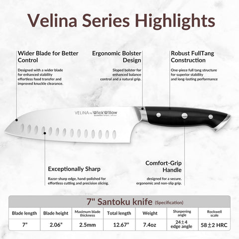 WICKWILLOW Velina Santoku full tang handle viewed for balanced, comfortable control.
