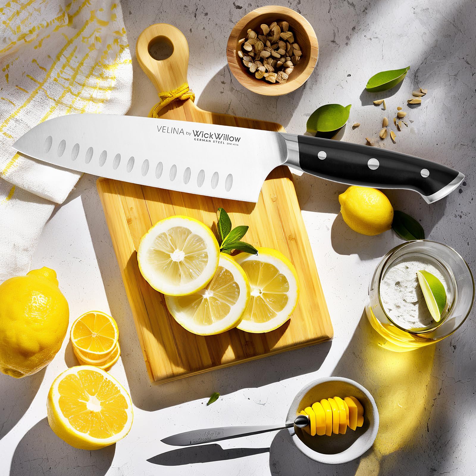 WICKWILLOW Velina Santoku with herbs for minced texture and control.