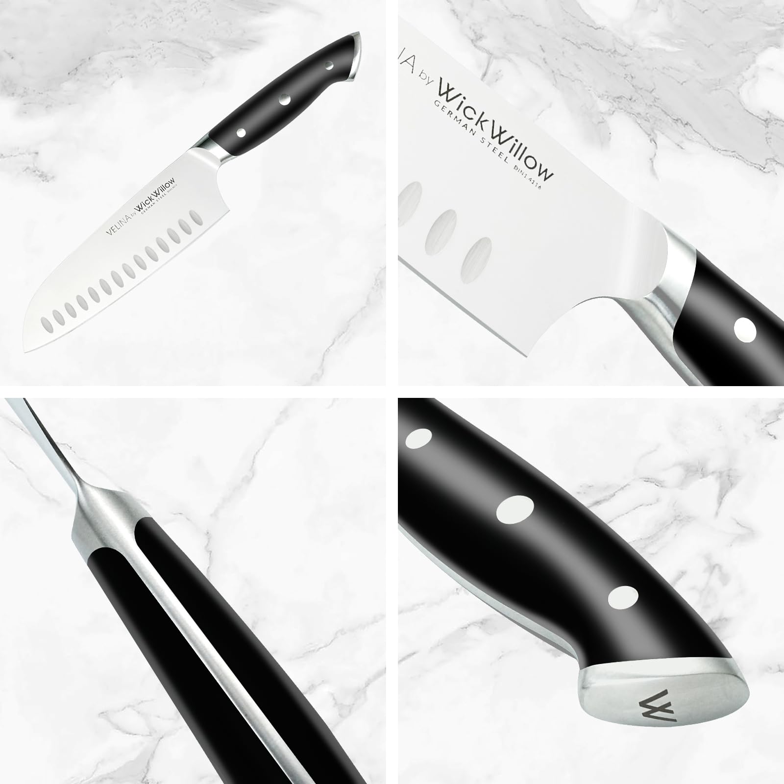 WICKWILLOW Velina Santoku with vegetables for everyday prep use.