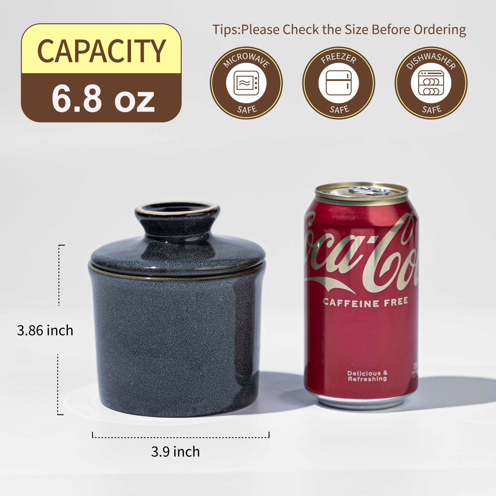 Wide-mouth butter keeper offers easy access for spreading and baking prep.
