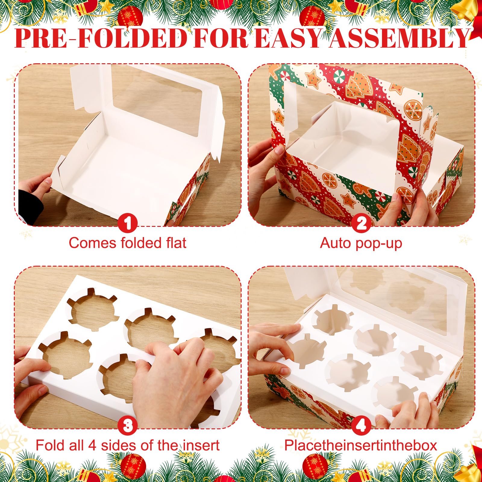 Widecook Christmas cupcake box highlights six-cupcake compartment with festive design.
