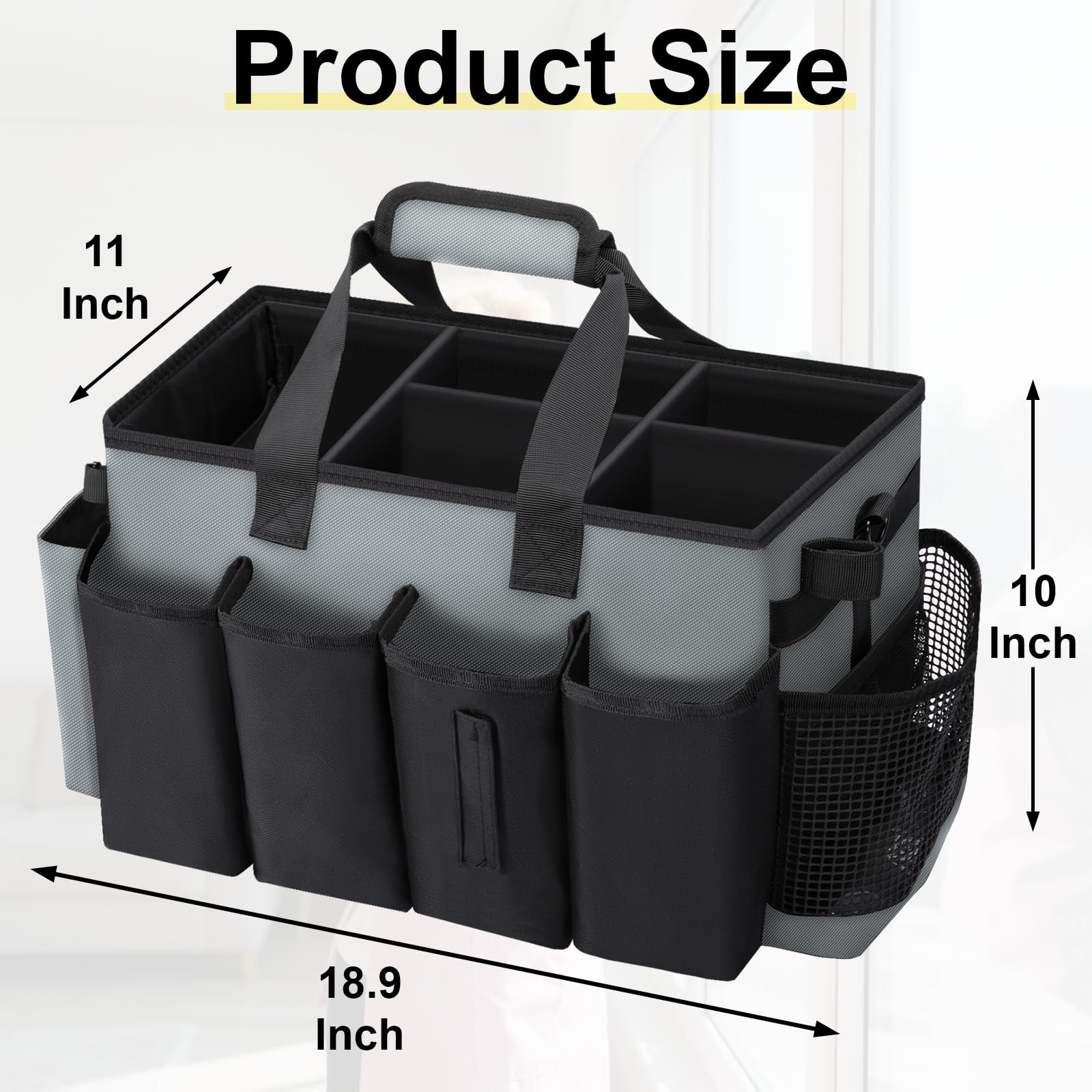 Wigojoy cleaning caddy front pockets keep rags and bottles within easy reach