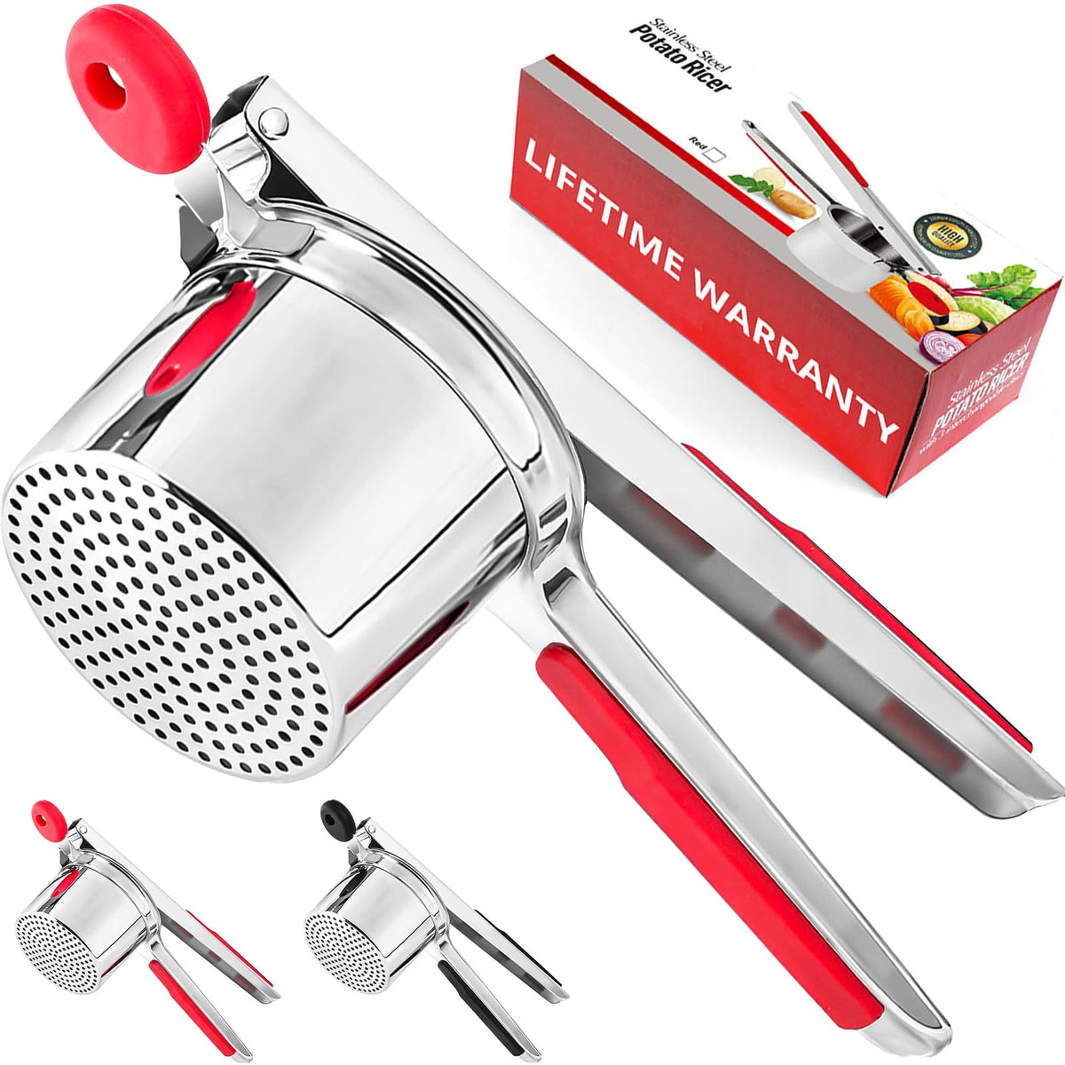 WIHBOIR large 15 oz stainless steel potato ricer with silicone grip for smooth mashing