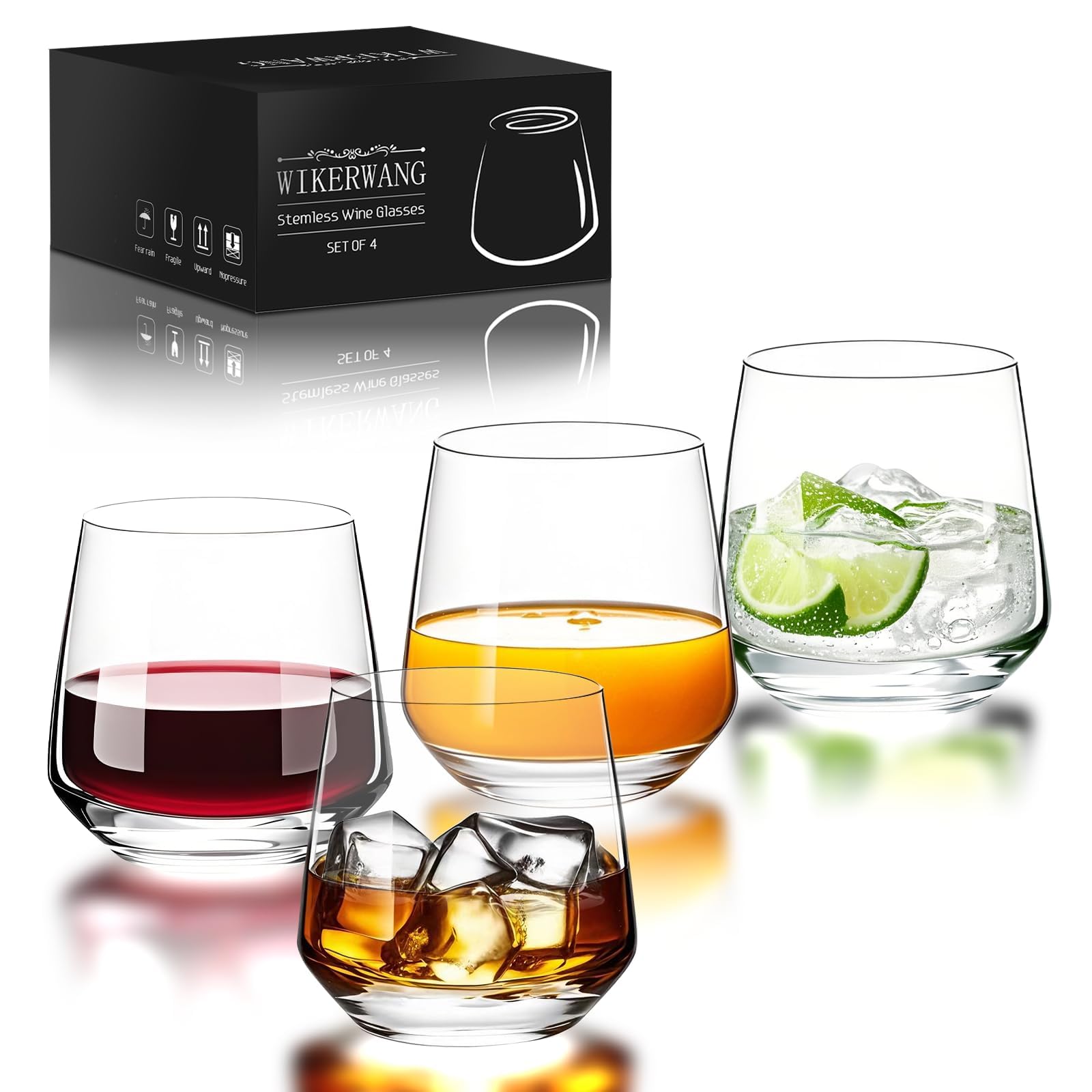 WIKERWANG stemless wine glasses 4pc crystal-clear, ideal for everyday dining.
