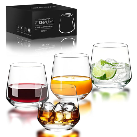 WIKERWANG stemless wine glasses 4pc crystal-clear, ideal for everyday dining.