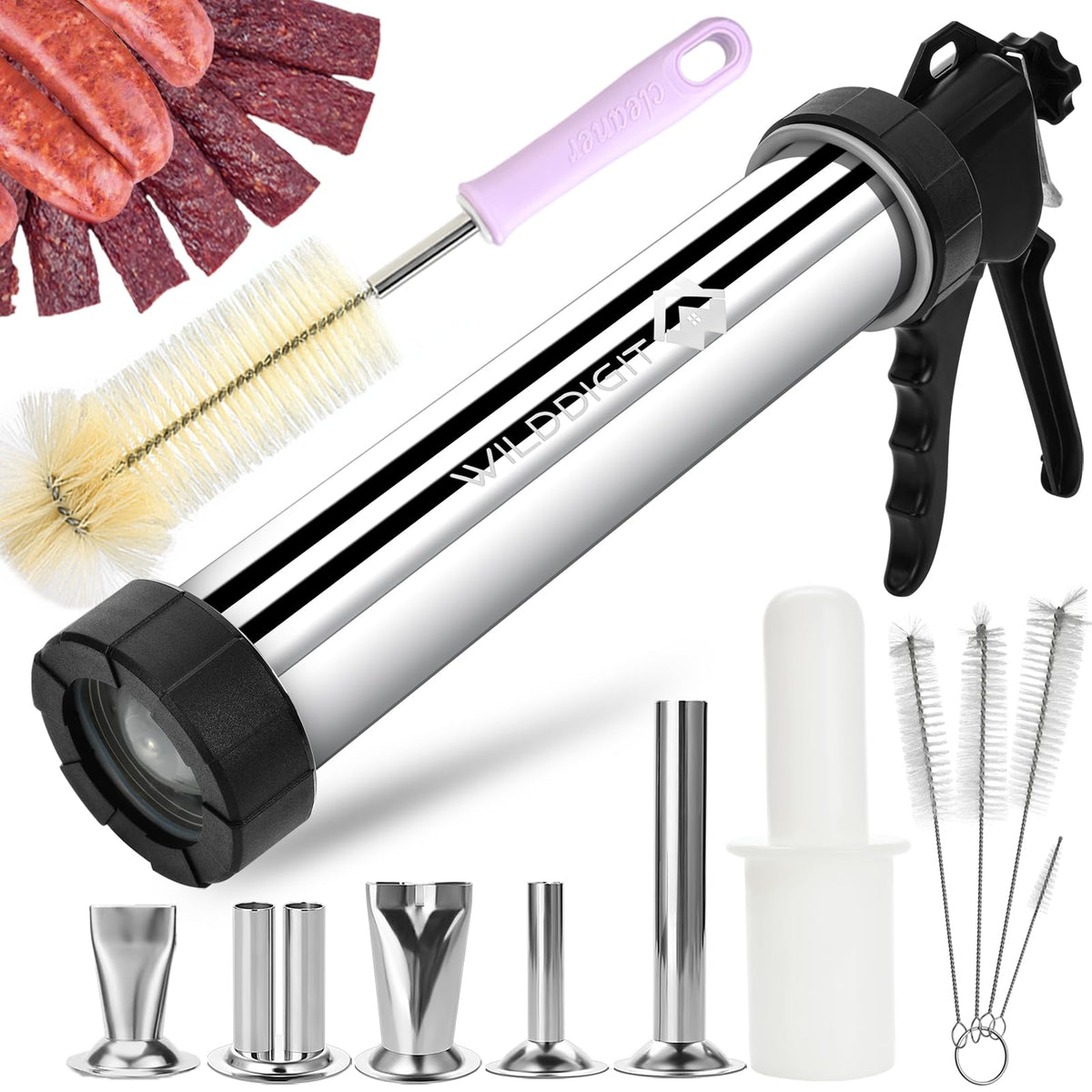 WILDDIGIT 3rd Gen jerky gun cannon, showing durable stainless steel construction for versatile jerky making