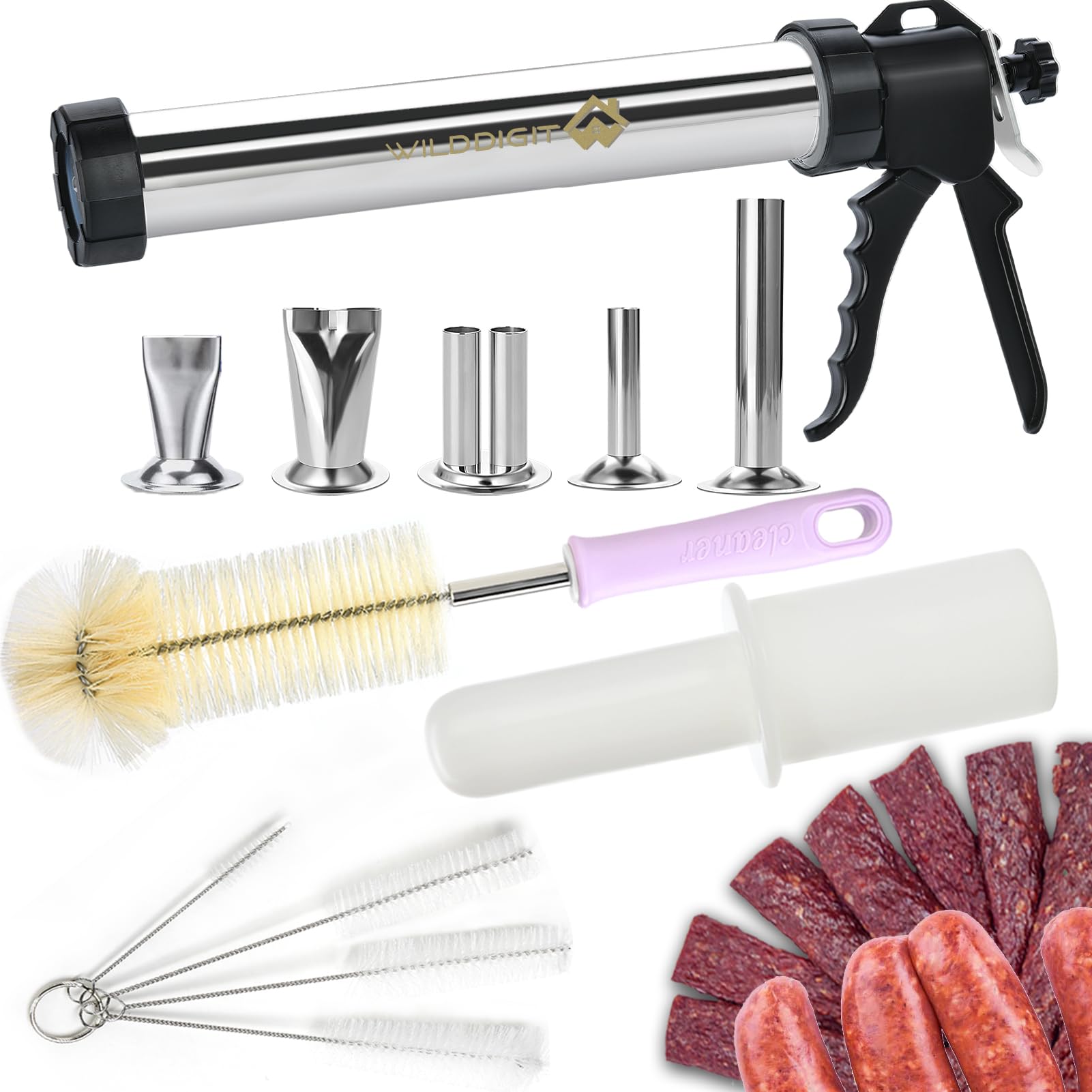 WILDDIGIT Beef Jerky Gun Kit front view highlights sturdy stainless steel build.