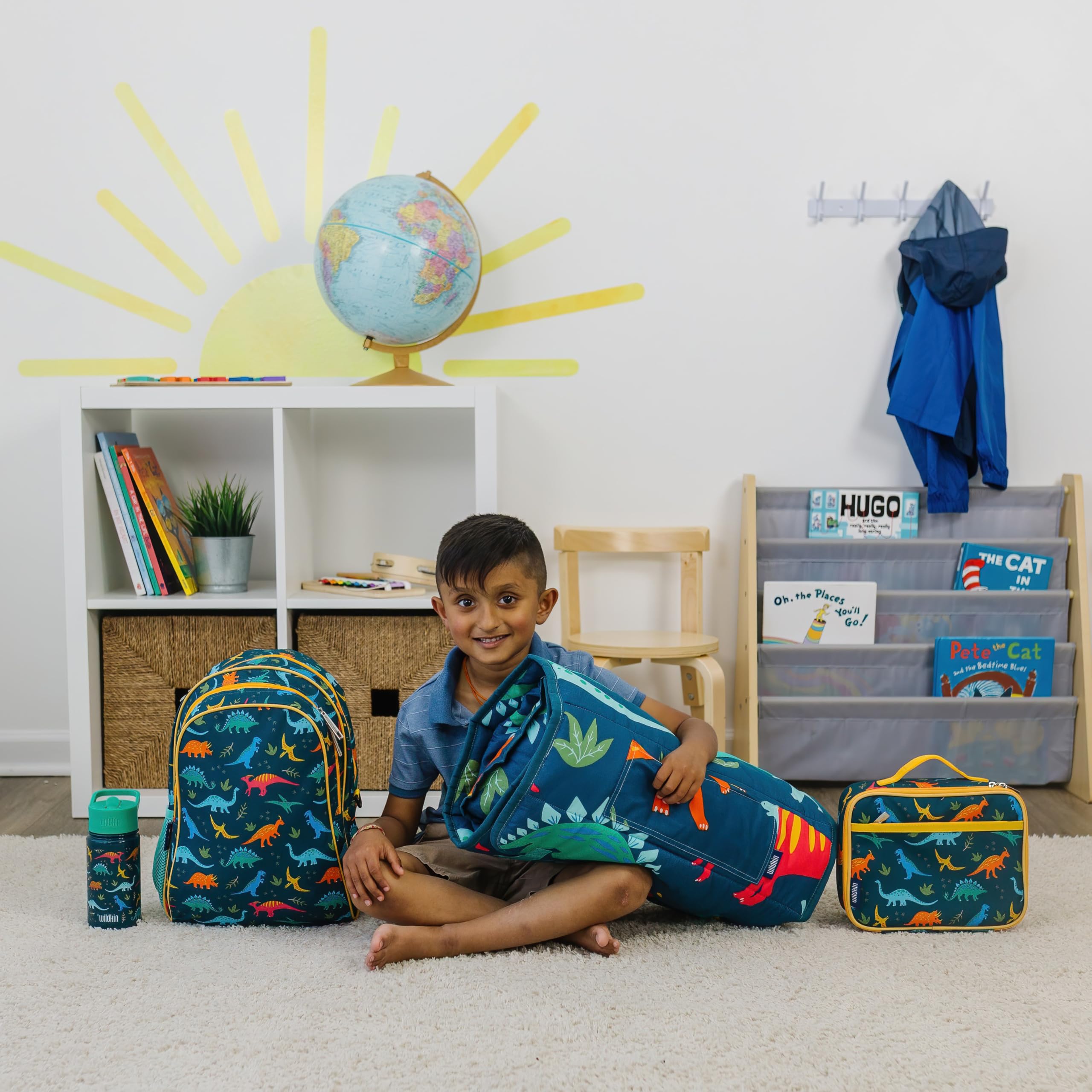 Wildkin Jurassic Dinosaurs lunch box with matching backpack supports coordinated school gear