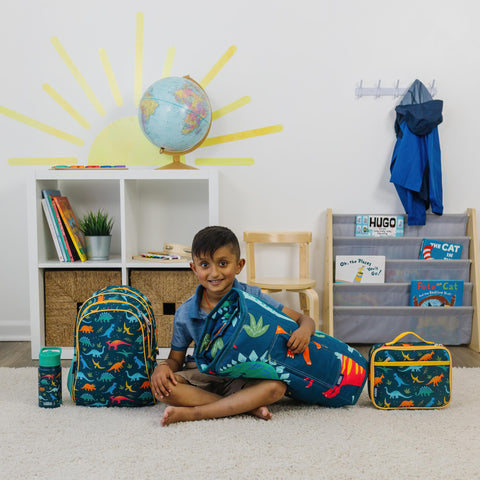 Wildkin Jurassic Dinosaurs lunch box with matching backpack supports coordinated school gear