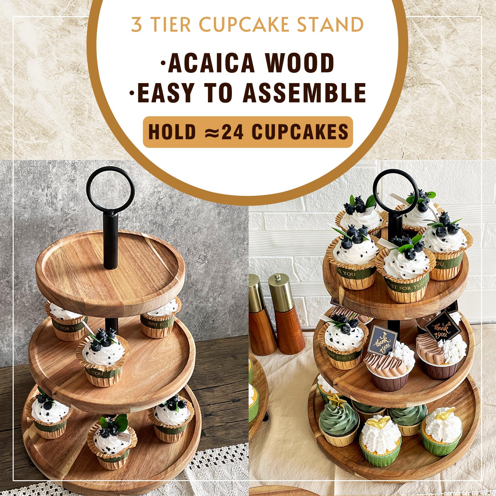 Wildmos 3-tier stand middle tier display highlighting generous serving capacity for desserts.