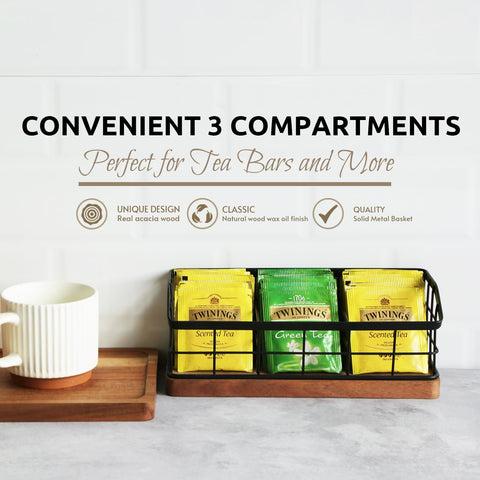 Wood base adds elegance and stability for a neat tea station.