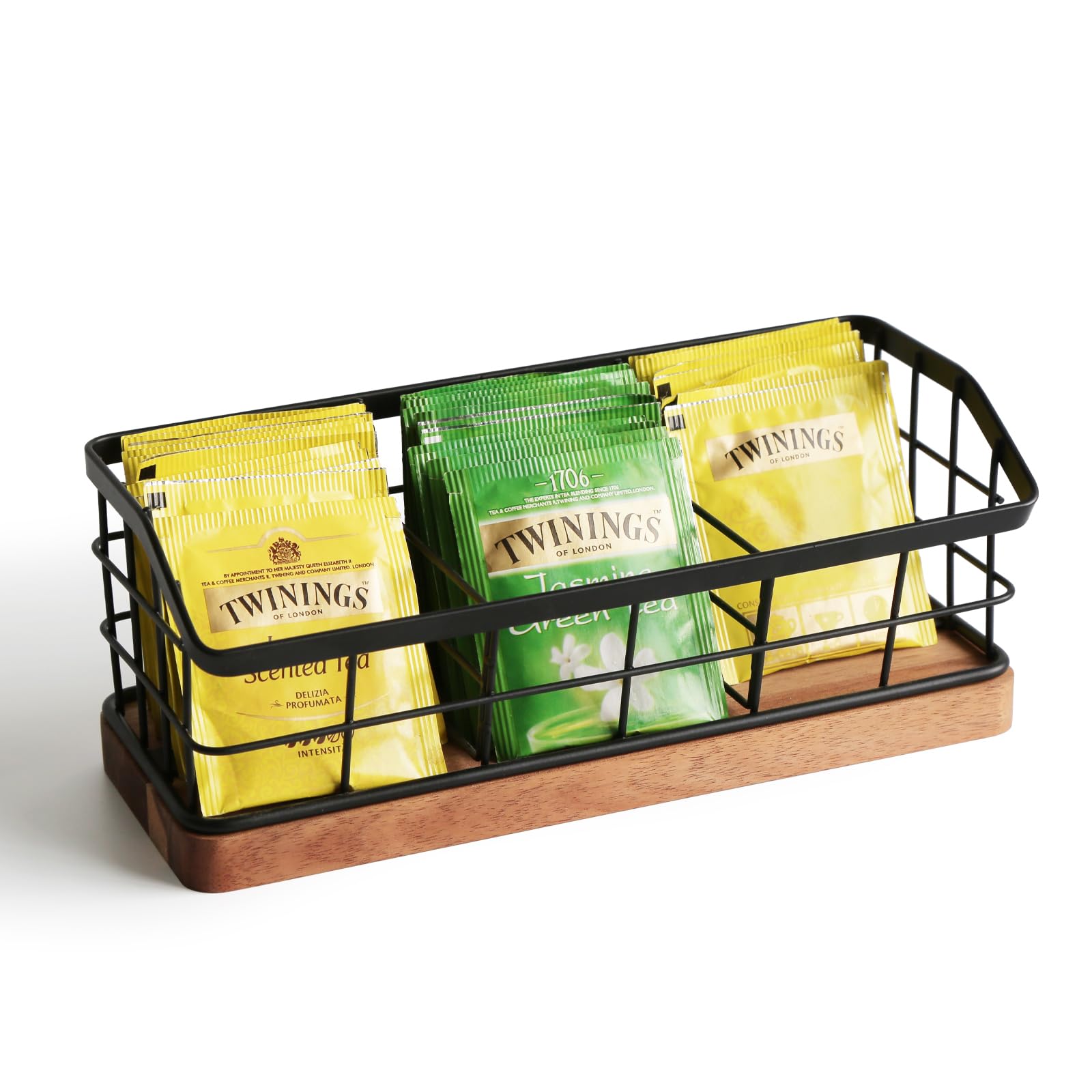 WILDMOS tea bag organizer with metal basket and wooden base for easy countertop storage.