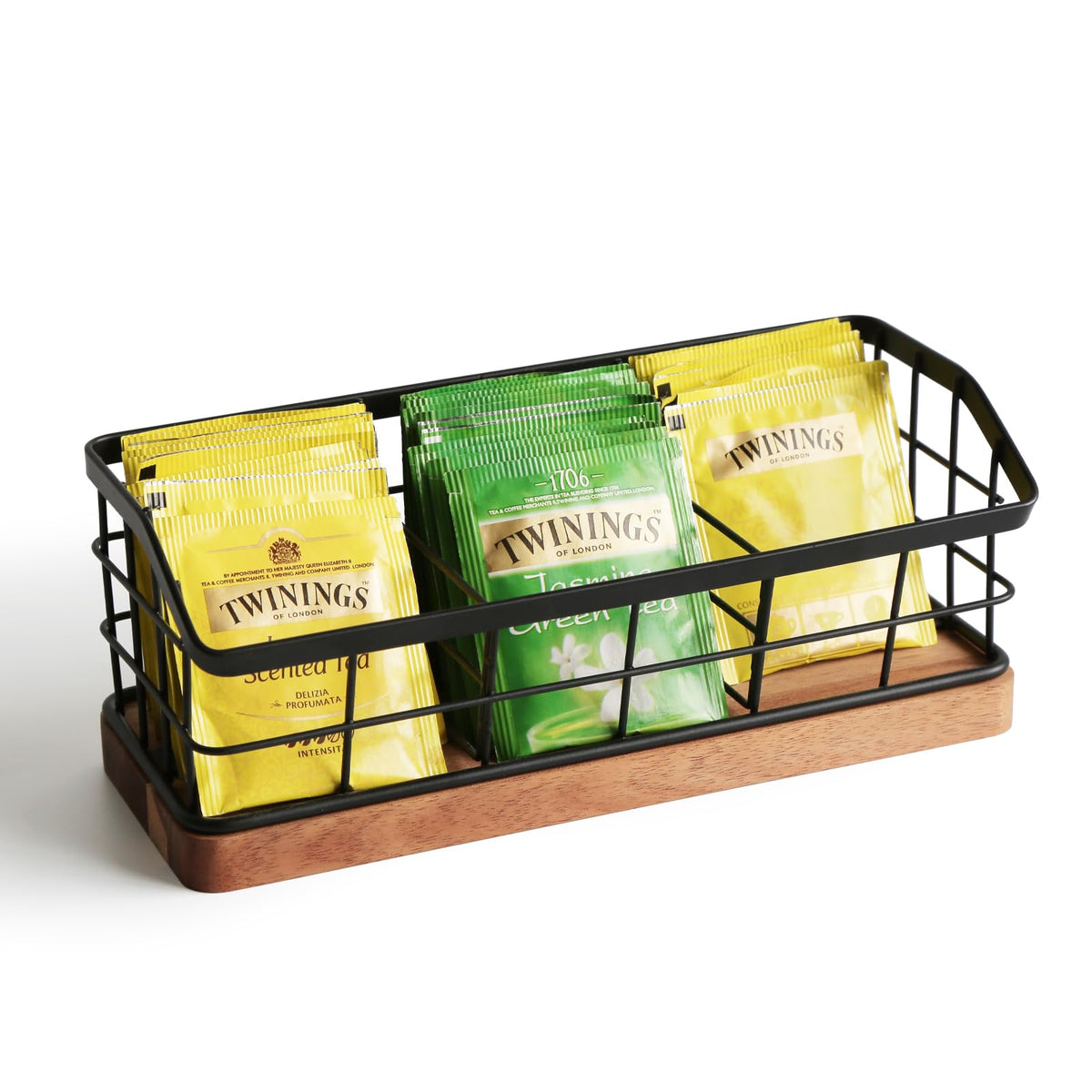 WILDMOS tea bag organizer with metal basket and wooden base for easy countertop storage.