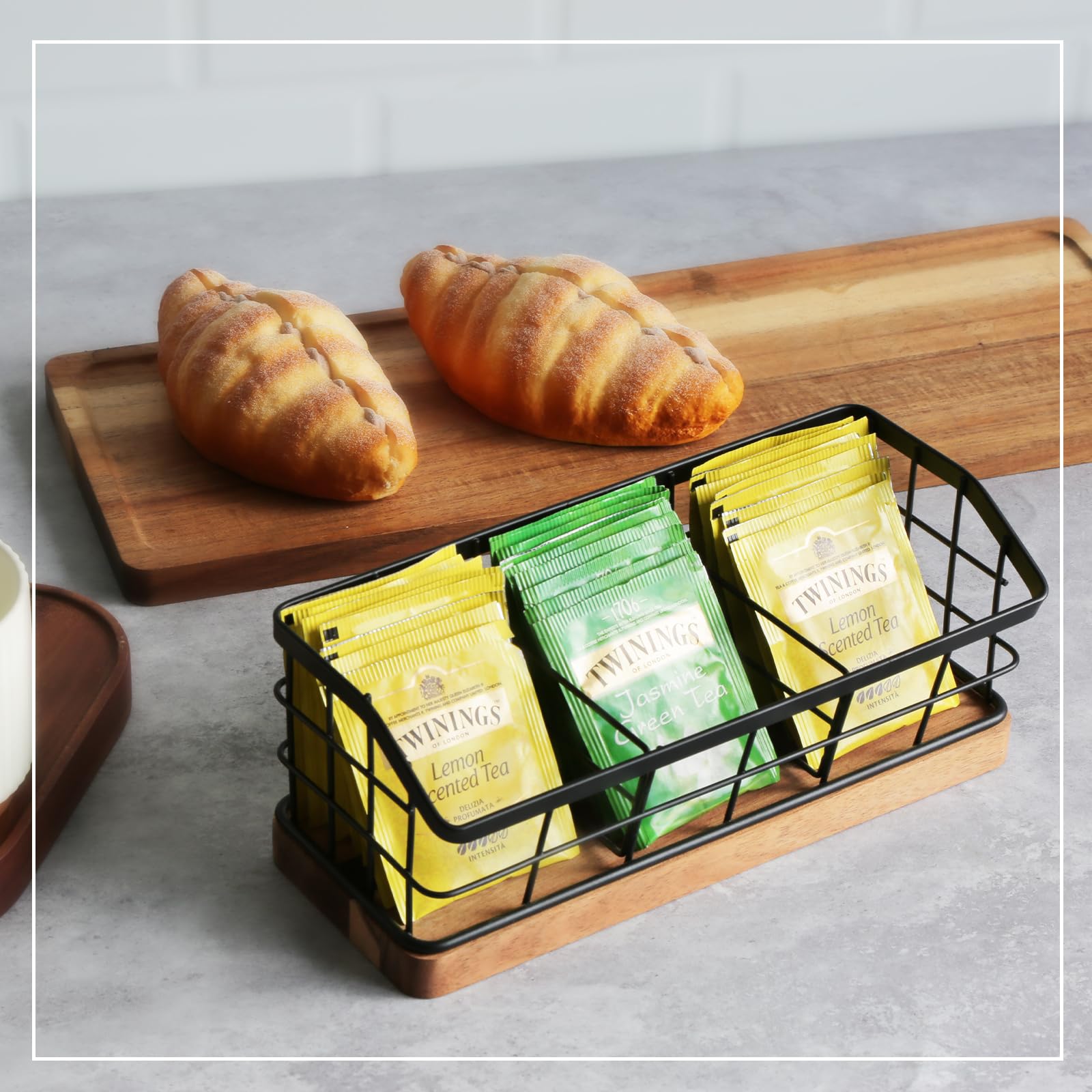 WILDMOS tea bar with three slots keeps bags, sugars, and packets organized.