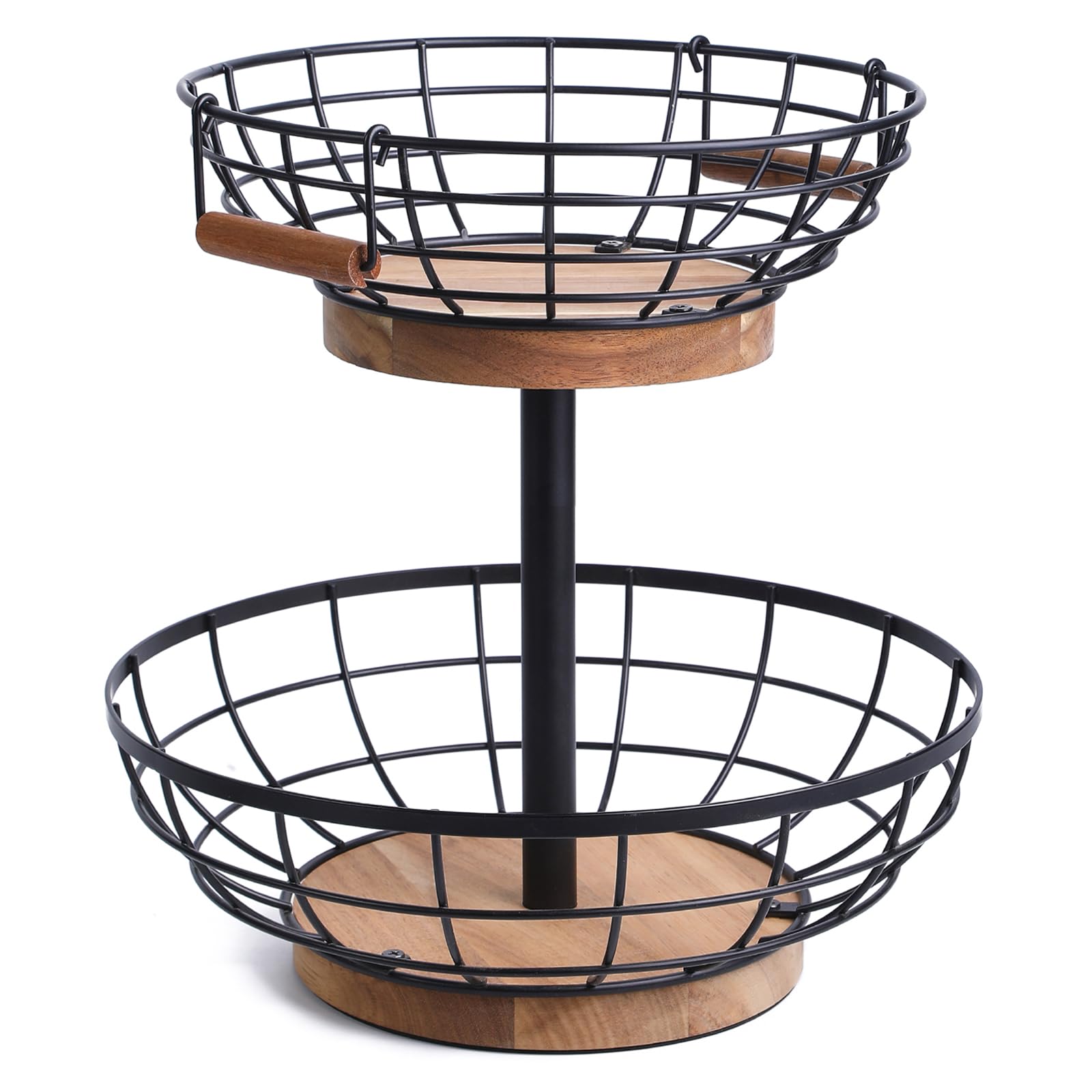 Wildmos two-tier fruit basket with wooden base for organized kitchen countertop display.