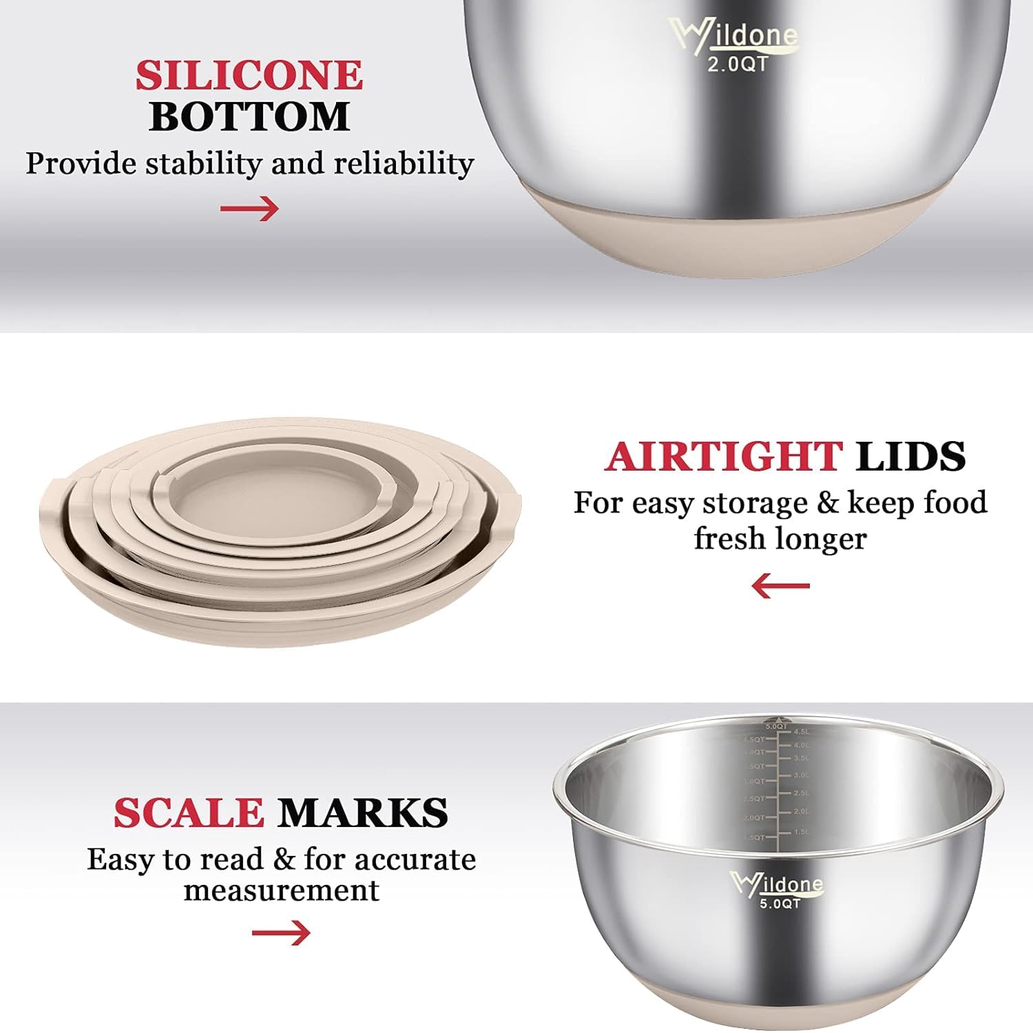 Wildone airtight lids seal bowls to keep ingredients fresh.