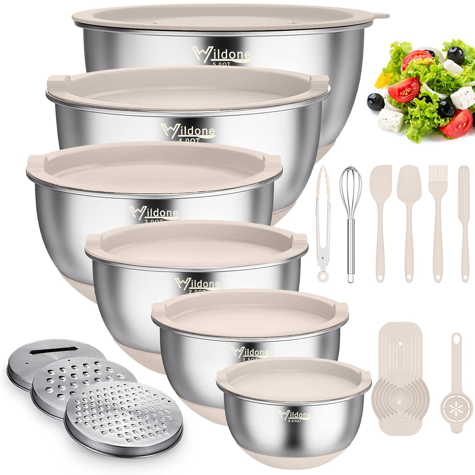 Wildone 22-piece mixing bowls with airtight lids for fresh prep and storage.