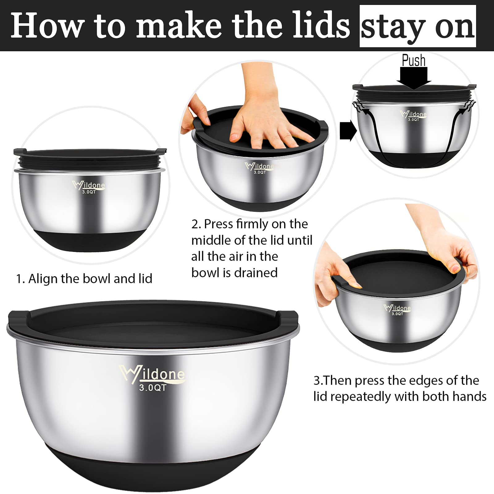 Wildone 6-quart to 0.63-quart set covers many kitchen tasks.