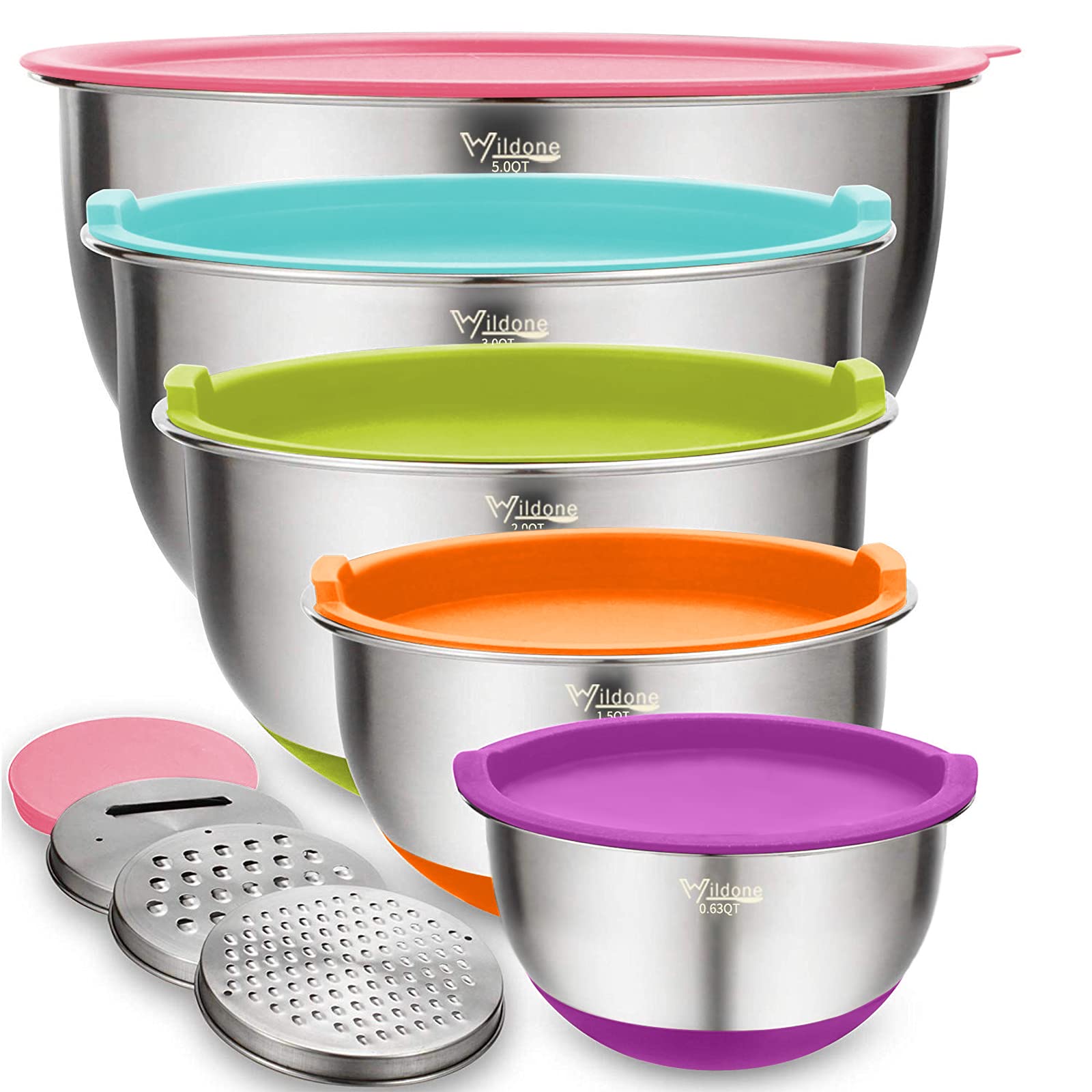 Wildone 5-piece mixing bowls with colorful lids for versatile prep and serving.