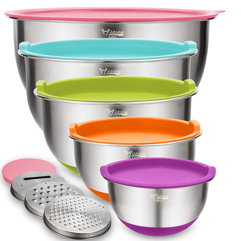 Wildone 5-piece mixing bowls with colorful lids for versatile prep and serving.