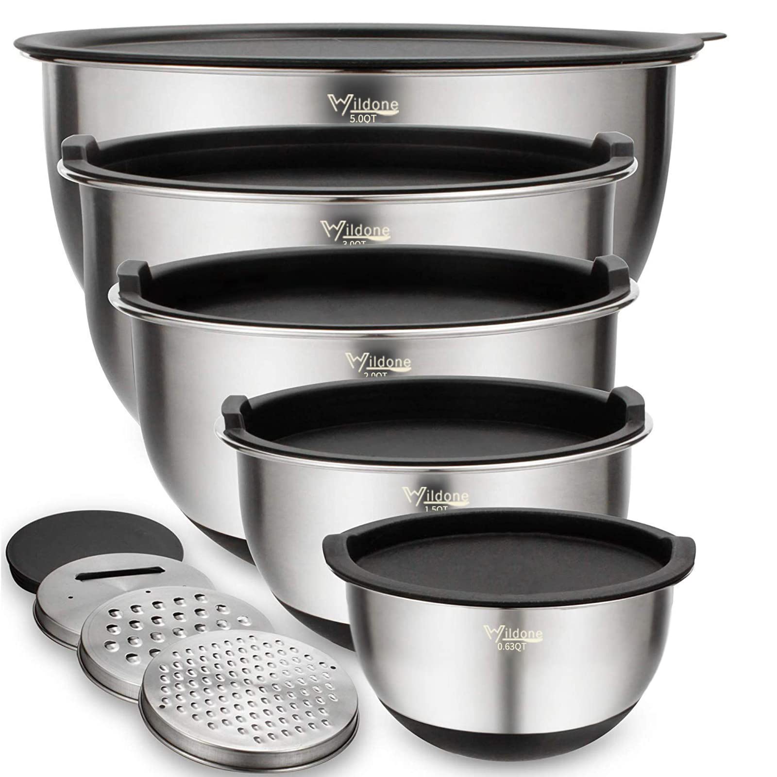 Wildone five-piece mixing bowls with airtight lids ready for meal prep and storage