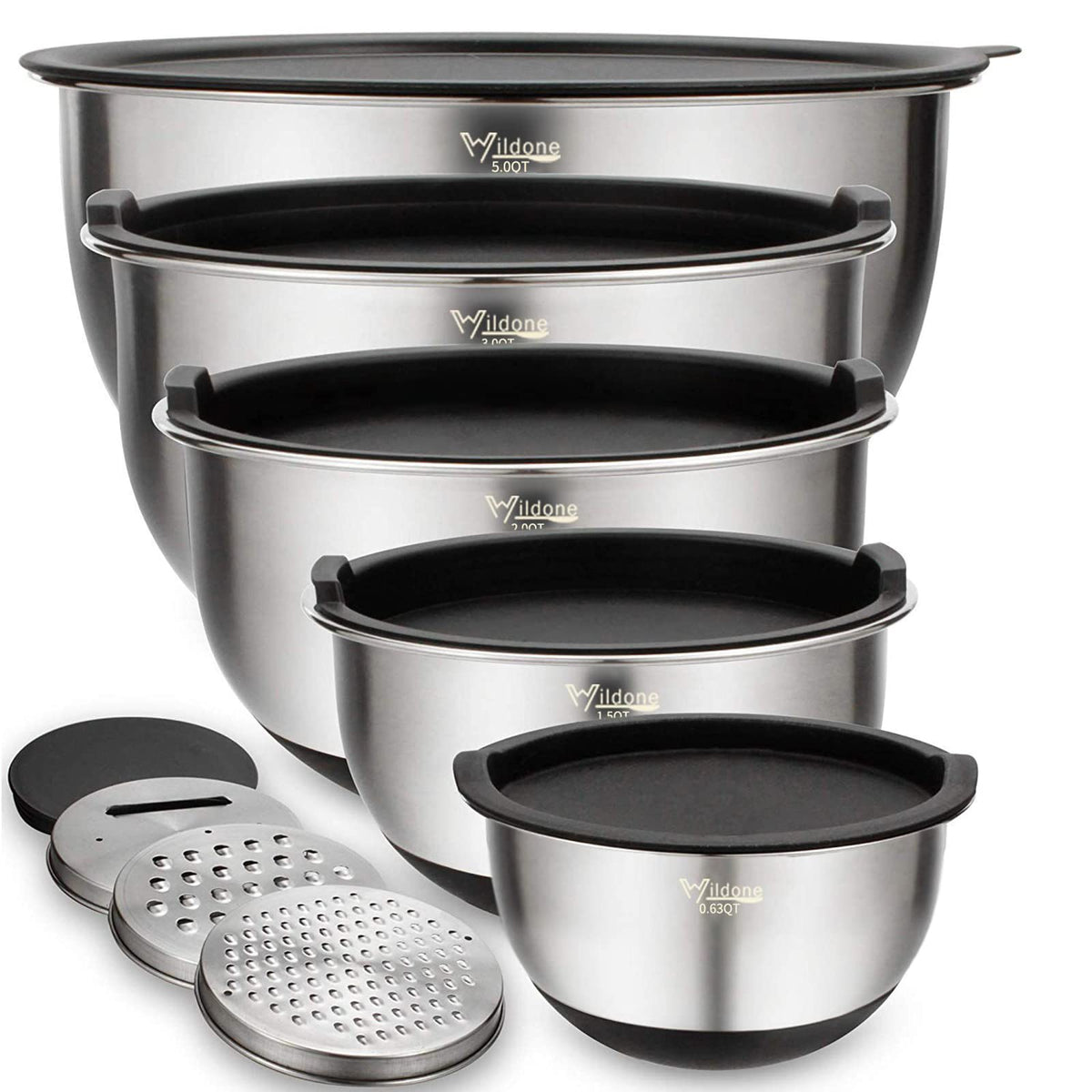 Wildone five-piece mixing bowls with airtight lids ready for meal prep and storage