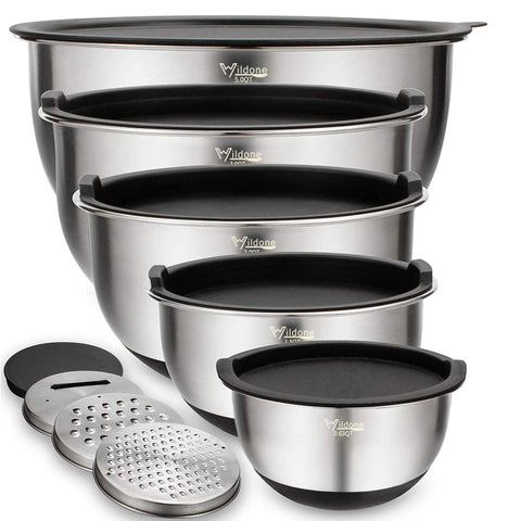 Wildone five-piece mixing bowls with airtight lids ready for meal prep and storage