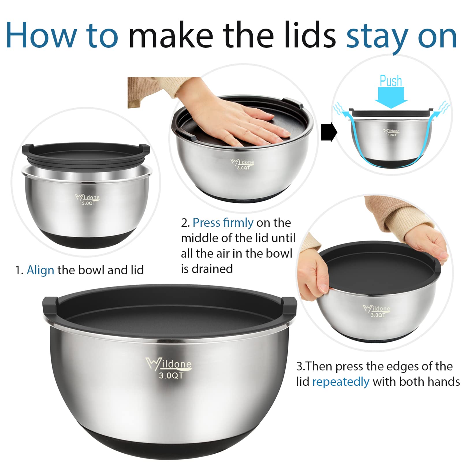 Wildone non-slip silicone bottom keeps bowls stable during prep.