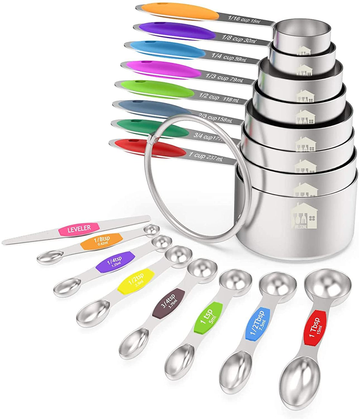 Wildone stainless-steel measuring cups set with precise marks for quick kitchen prep.
