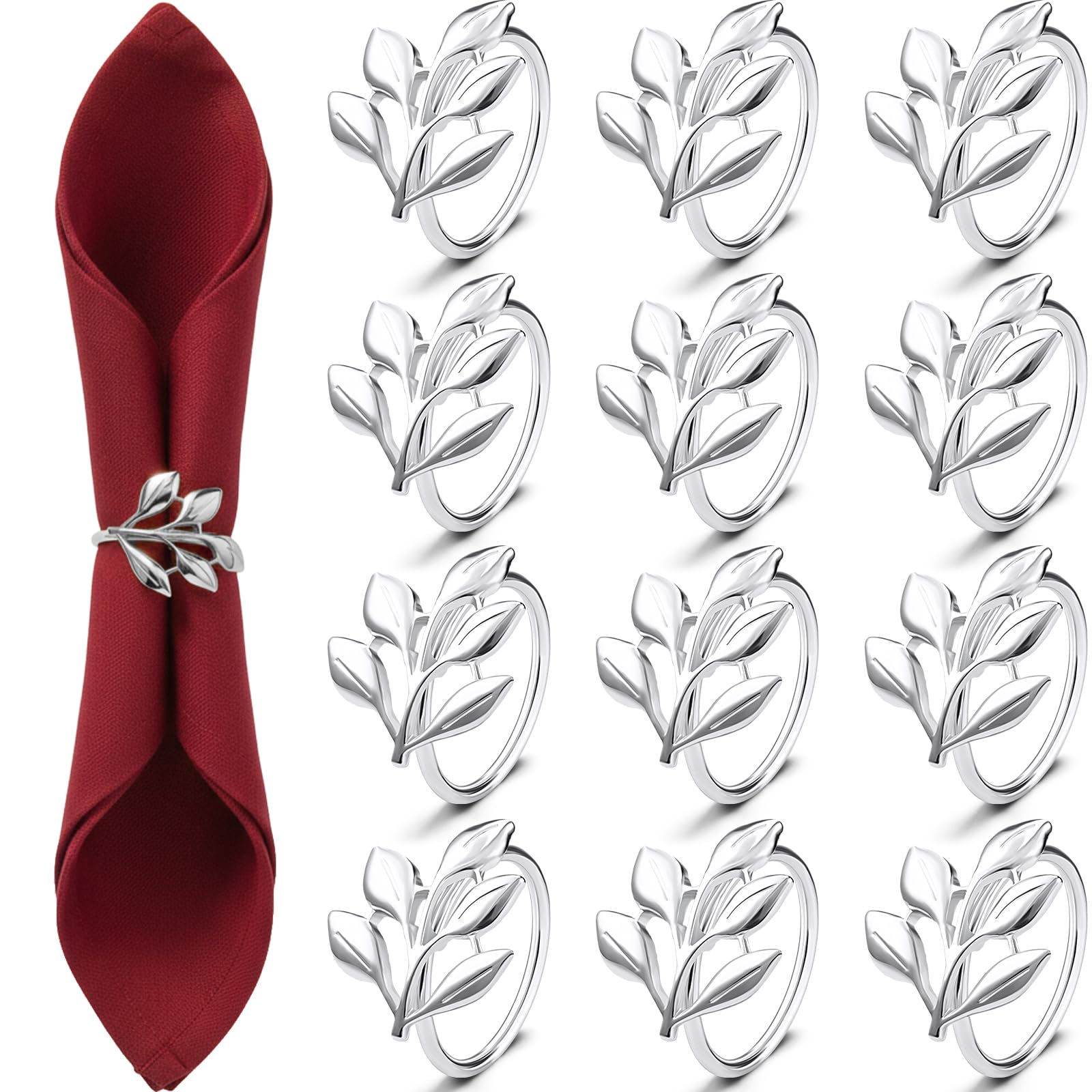 WILLBOND leaf napkin ring close-up in silver finish adds elegant texture.
