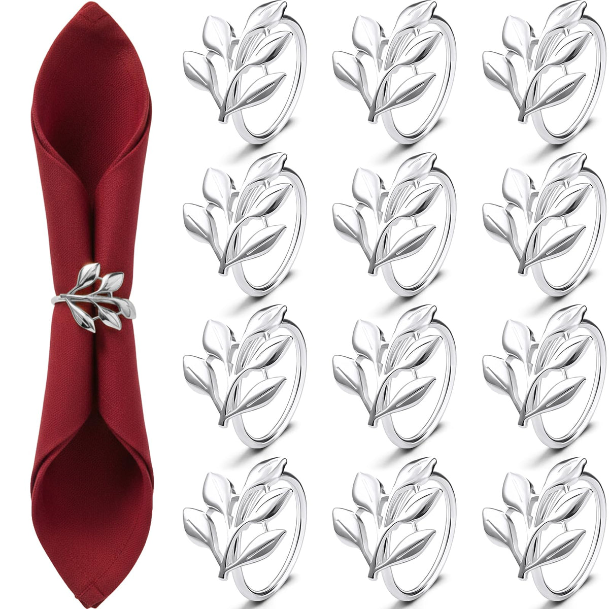 WILLBOND leaf napkin ring close-up in silver finish adds elegant texture.