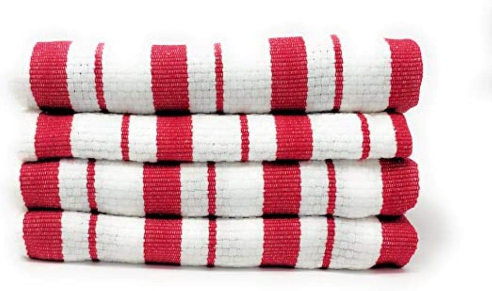 Williams-Sonoma Classic Striped Towels in claret highlight basketweave texture ideal for quick kitchen drying