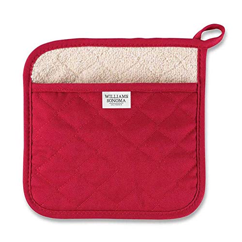 Williams-Sonoma potholder in claret red close-up shows quilted exterior and terry lining for heat protection