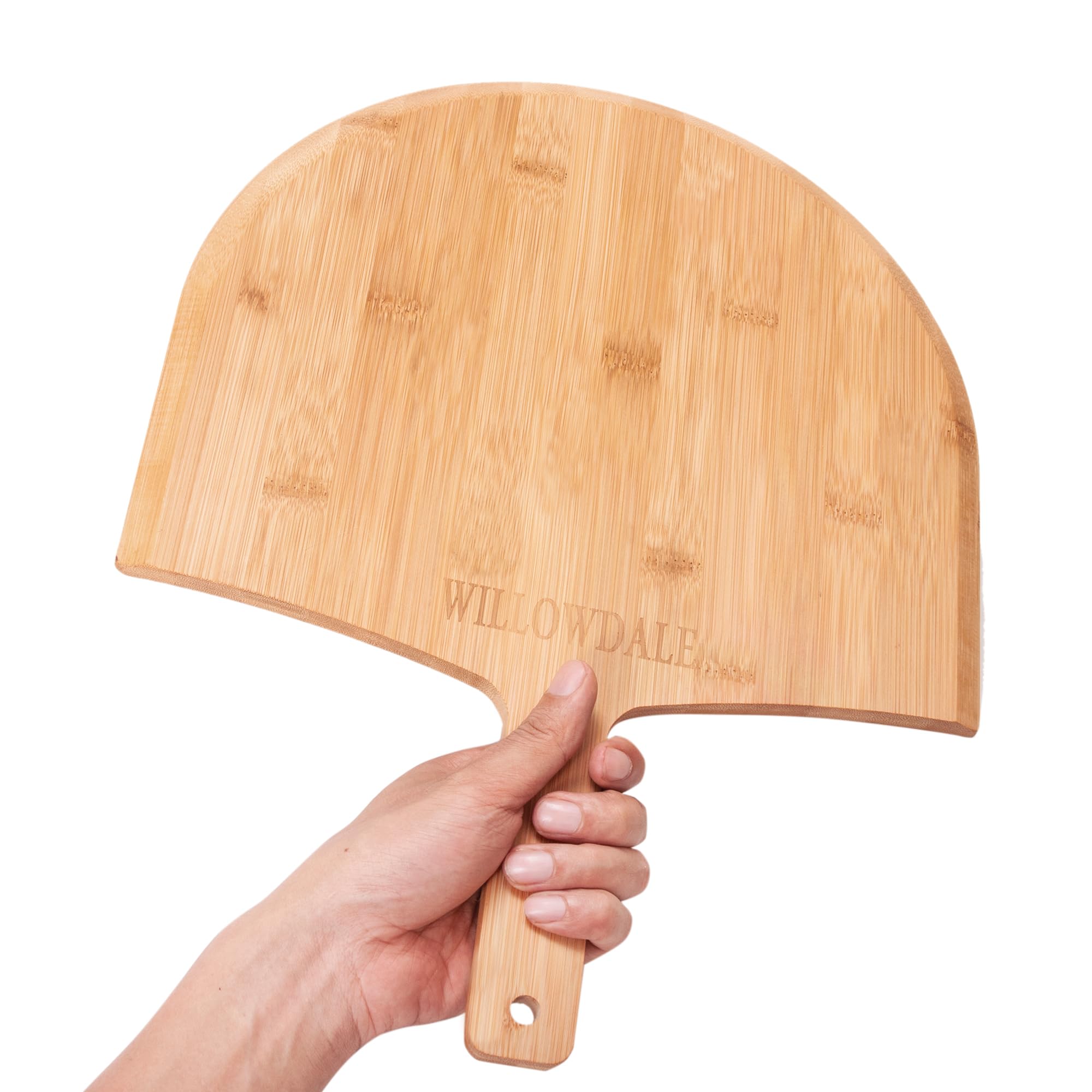 Willowdale wooden pizza peel handle close-up showing ergonomic grip
