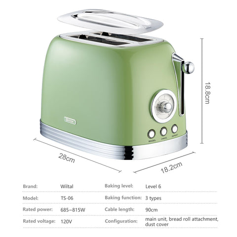 Wiltal Green Retro Toaster BPA-free stainless steel construction.